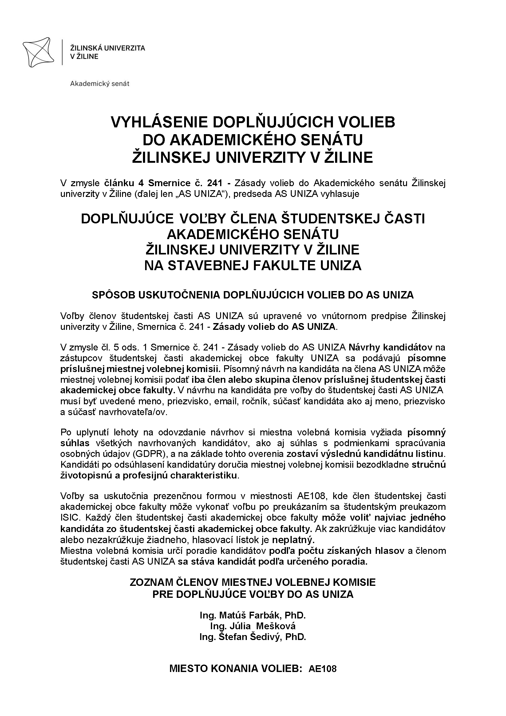 Vyhlasenie volieb AS 2025 Strana 1